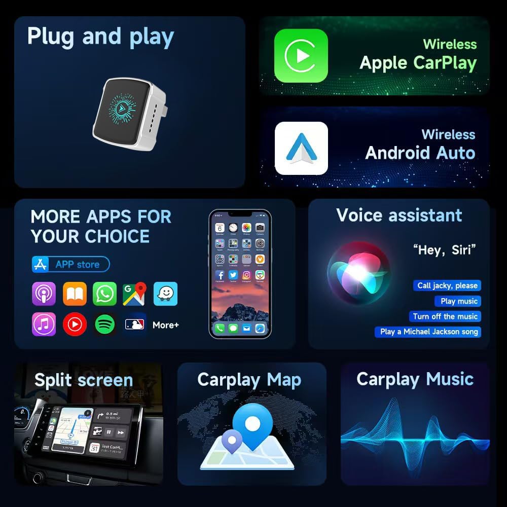 Wireless CarPlay Adapter & Android Auto (2-in-1) - Mini USB/USB-C Adapter Converts Wired to Wireless, Plug & Play, Stable Lag-Free for iPhone & Android (2025 Upgraded)