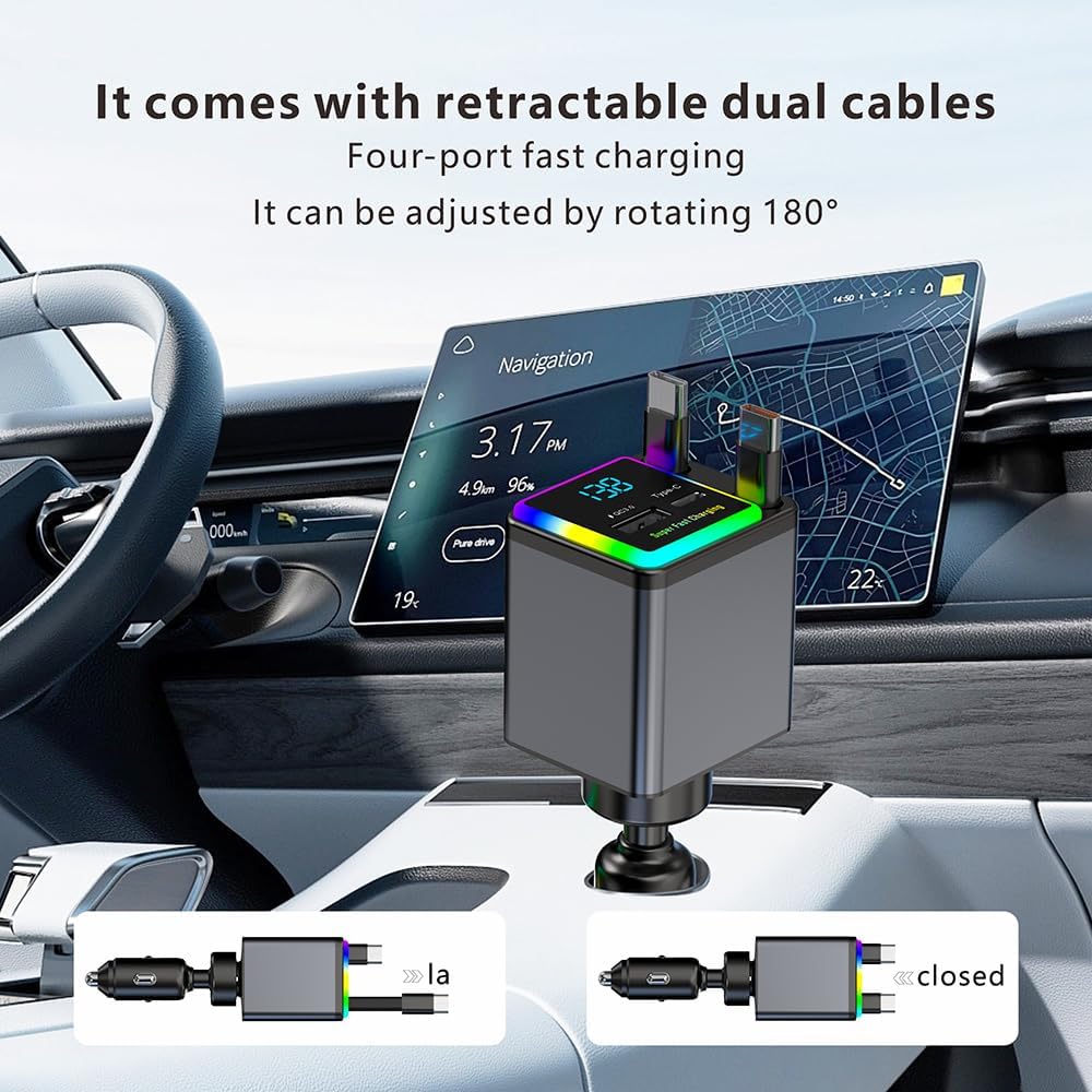 شاحن سيارة X18 قابل للسحب 4 في 1 مع اضاءة RGB من اكس زد ام، محول سيارة USB مزدوج نوع C بقدرة 141 واط، شاحن سيارة صغير الحجم لايفون، متوافق مع اساسيات الرحلات البرية 12 فولت - 24 فولت (كيبل مزدوج من النوع C)