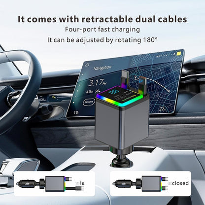 شاحن سيارة X18 قابل للسحب 4 في 1 مع اضاءة RGB من اكس زد ام، محول سيارة USB مزدوج نوع C بقدرة 141 واط، شاحن سيارة صغير الحجم لايفون، متوافق مع اساسيات الرحلات البرية 12 فولت - 24 فولت (كيبل مزدوج من النوع C)
