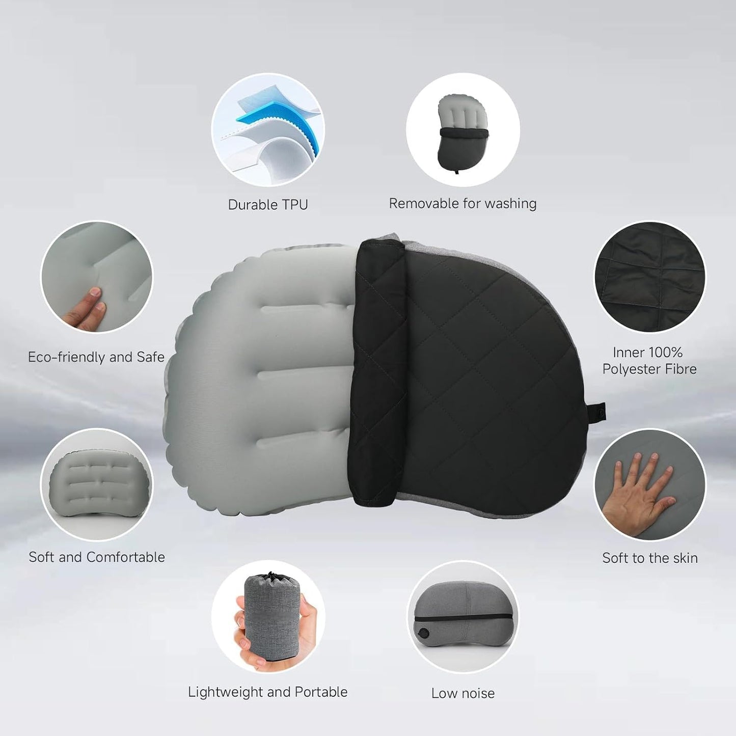 Ultralight Inflatable Camping Pillow with Removable Washable Cover – Compact, Portable Travel Neck Cushion with Adjustable Firmness for Hiking, Office, Airplane, Car & Beach Use (Black)
