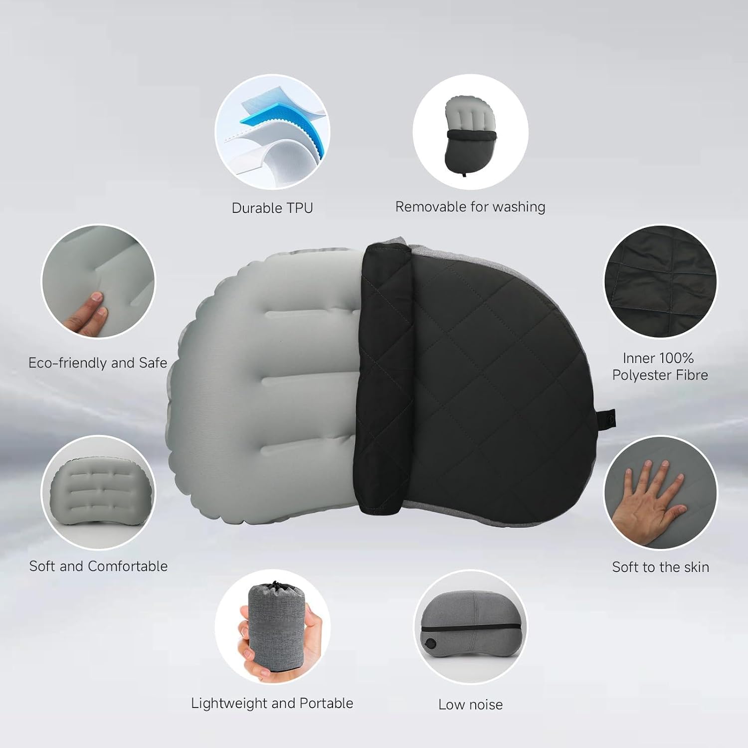 Ultralight Inflatable Camping Pillow with Removable Washable Cover – Compact, Portable Travel Neck Cushion with Adjustable Firmness for Hiking, Office, Airplane, Car & Beach Use (Black)
