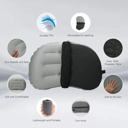 Ultralight Inflatable Camping Pillow with Removable Washable Cover – Compact, Portable Travel Neck Cushion with Adjustable Firmness for Hiking, Office, Airplane, Car & Beach Use (Black)