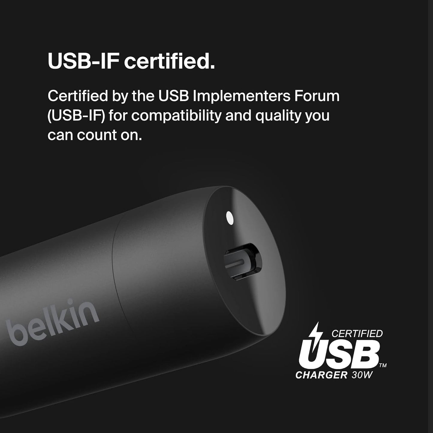 شاحن سيارة سريع Belkin BoostCharge 30W، تصميم صغير الحجم مع منفذ توصيل طاقة USB-C، شاحن سيارة USB متوافق عالميًا مع iPhone 16 و15 وSamsung Galaxy S23 وNote وPixel والمزيد - أسود