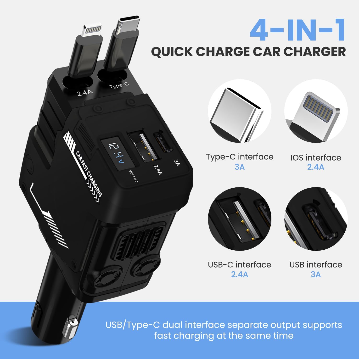 نيكومي شاحن سيارة، كيبل قابل للسحب 120 واط وشاحن سيارة USB، شحن سريع بـ 4 منافذ، متوافق مع جالكسي والاجهزة الاخرى، وصلة شاحن سيارة (اسود)