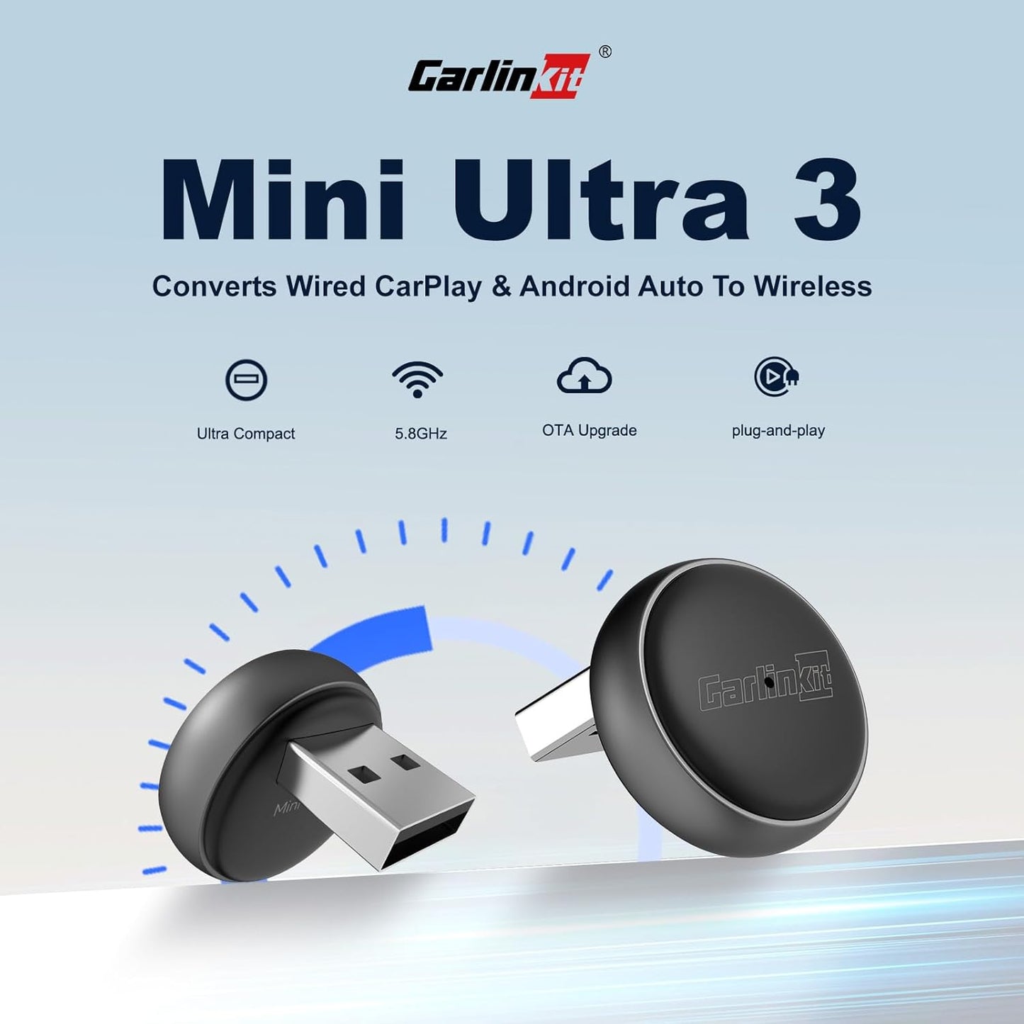 Carlinkit Mini Ultra Wireless CarPlay & Android Car Adapter, Convert Factory Wired to Wireless, USB-A/USB-C Fast Connection for iOS 10+ & Android 11+, Plug & Play Car Play