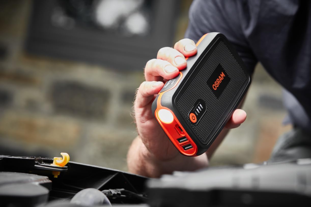 مشغل بطارية السيارة ليثيوم من أوسرام مع باور بانك 13000mAh، معزز بطارية السيارة، باور باتري ستارت 300 1500A، مدمج، لسيارات 12 فولت حتى 6 لتر بنزين، شاحن للهاتف/الجهاز اللوحي مع مصباح LED