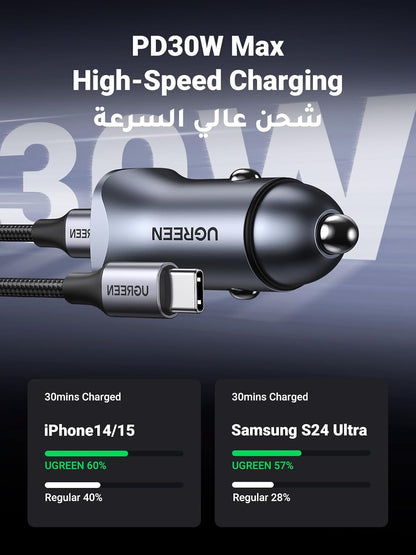 يوجرين شاحن سيارة سريع الشحن PD30W بمنفذين USB C لهاتف ايفون 16 برو ماكس شاحن سريع الشحن للسيارة ومحول هاتف مع كابل USB C بطول 1 متر مضفر لهاتف ايفون 16 وجالاكسي S23 وهواوي وايبود برو وشاومي
