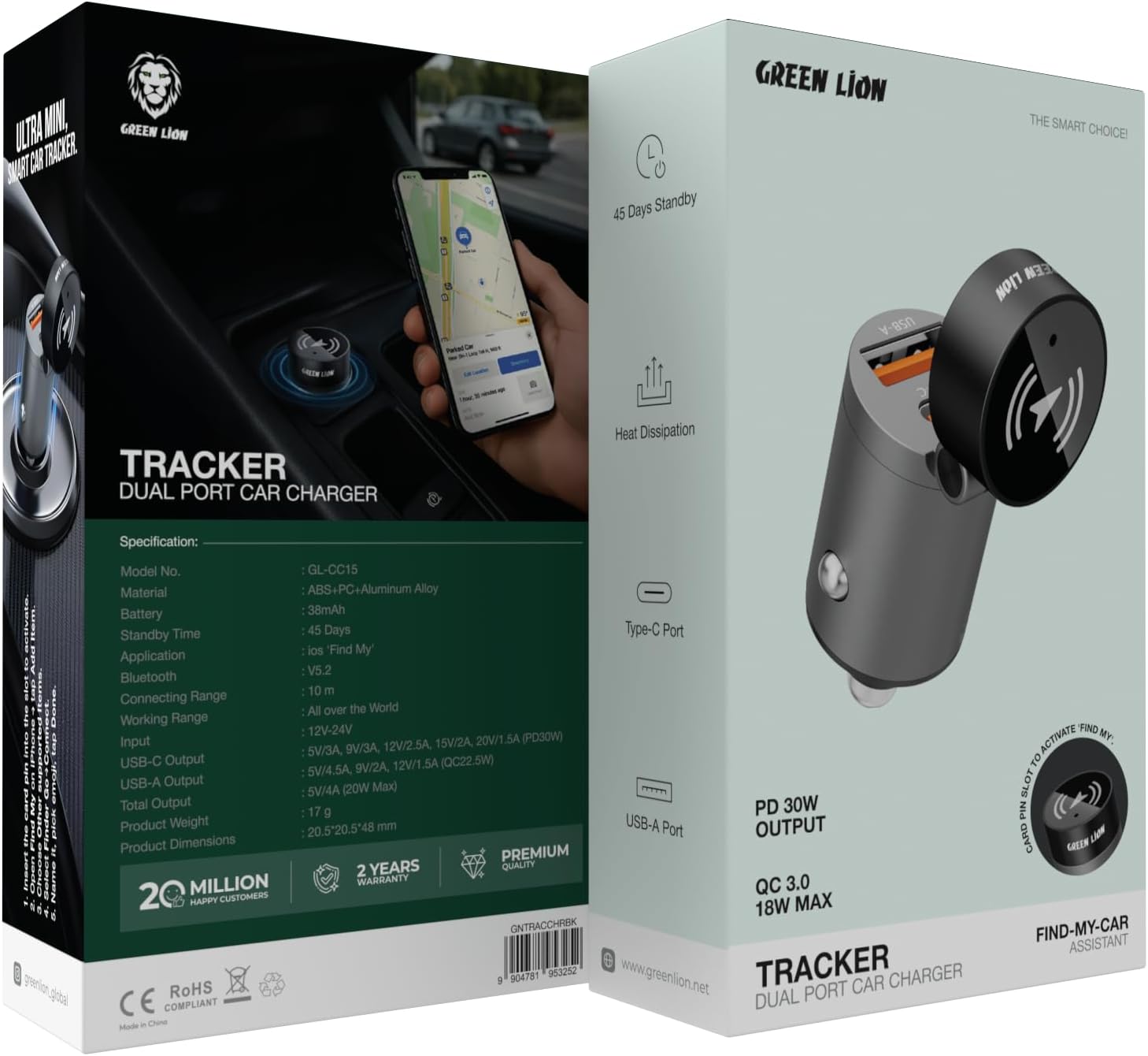 جرين ليون شاحن سيارة بمنفذين مع جهاز تعقب، خرج PD 30 واط، QC 3.0 بحد أقصى 18 واط، يعمل مع تطبيق Find My من Apple (iOS فقط)، 45 يومًا في وضع الاستعداد، تبديد الحرارة، منافذ Type-C وUSB-A، بلوتوث V5.2