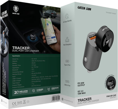جرين ليون شاحن سيارة بمنفذين مع جهاز تعقب، خرج PD 30 واط، QC 3.0 بحد أقصى 18 واط، يعمل مع تطبيق Find My من Apple (iOS فقط)، 45 يومًا في وضع الاستعداد، تبديد الحرارة، منافذ Type-C وUSB-A، بلوتوث V5.2