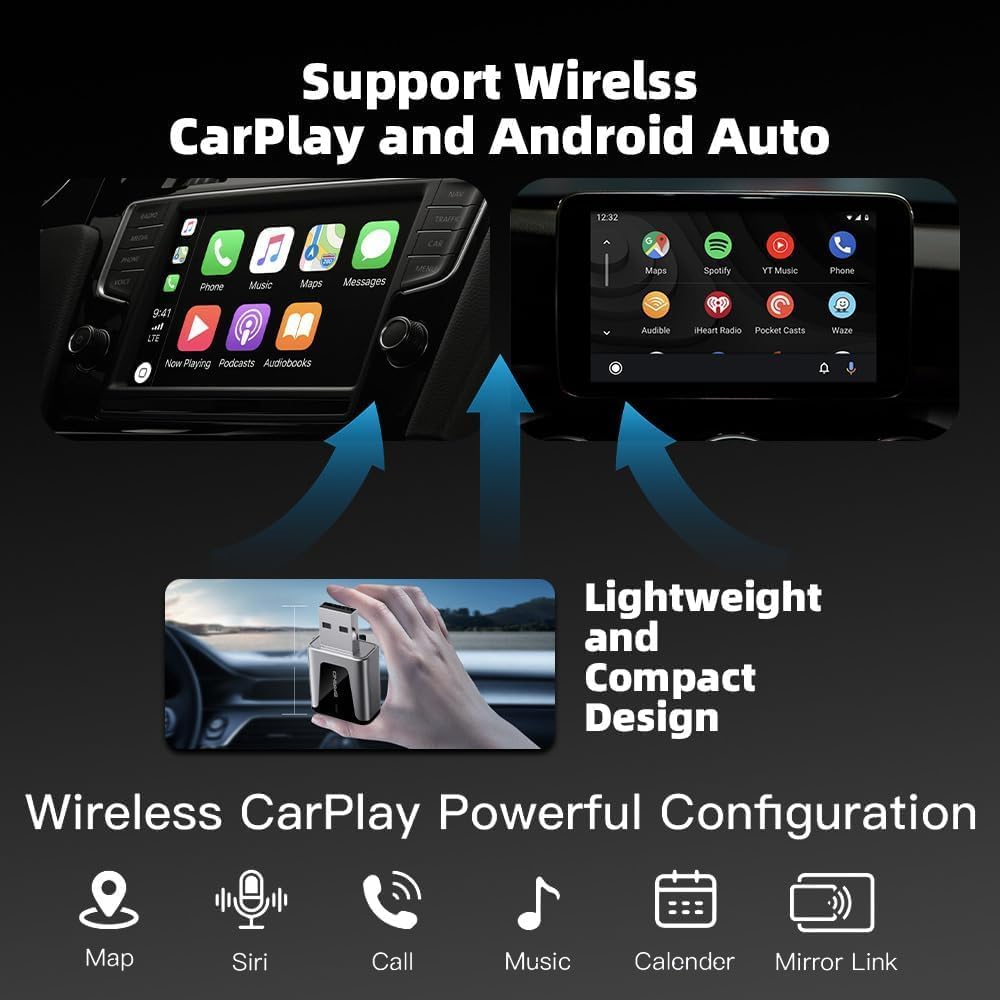 محول كاربلاي لاسلكي - متوافق مع USB-A وUSB-C لايفون واندرويد - 2 في 1 كار بلاي واندرويد اوتو، التوصيل والتشغيل، تحويل سلكي الى لاسلكي، اتصال تلقائي سريع، وقت استجابة منخفض، يعمل مع جميع السيارات