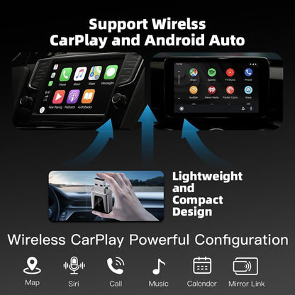 محول كاربلاي لاسلكي - متوافق مع USB-A وUSB-C لايفون واندرويد - 2 في 1 كار بلاي واندرويد اوتو، التوصيل والتشغيل، تحويل سلكي الى لاسلكي، اتصال تلقائي سريع، وقت استجابة منخفض، يعمل مع جميع السيارات