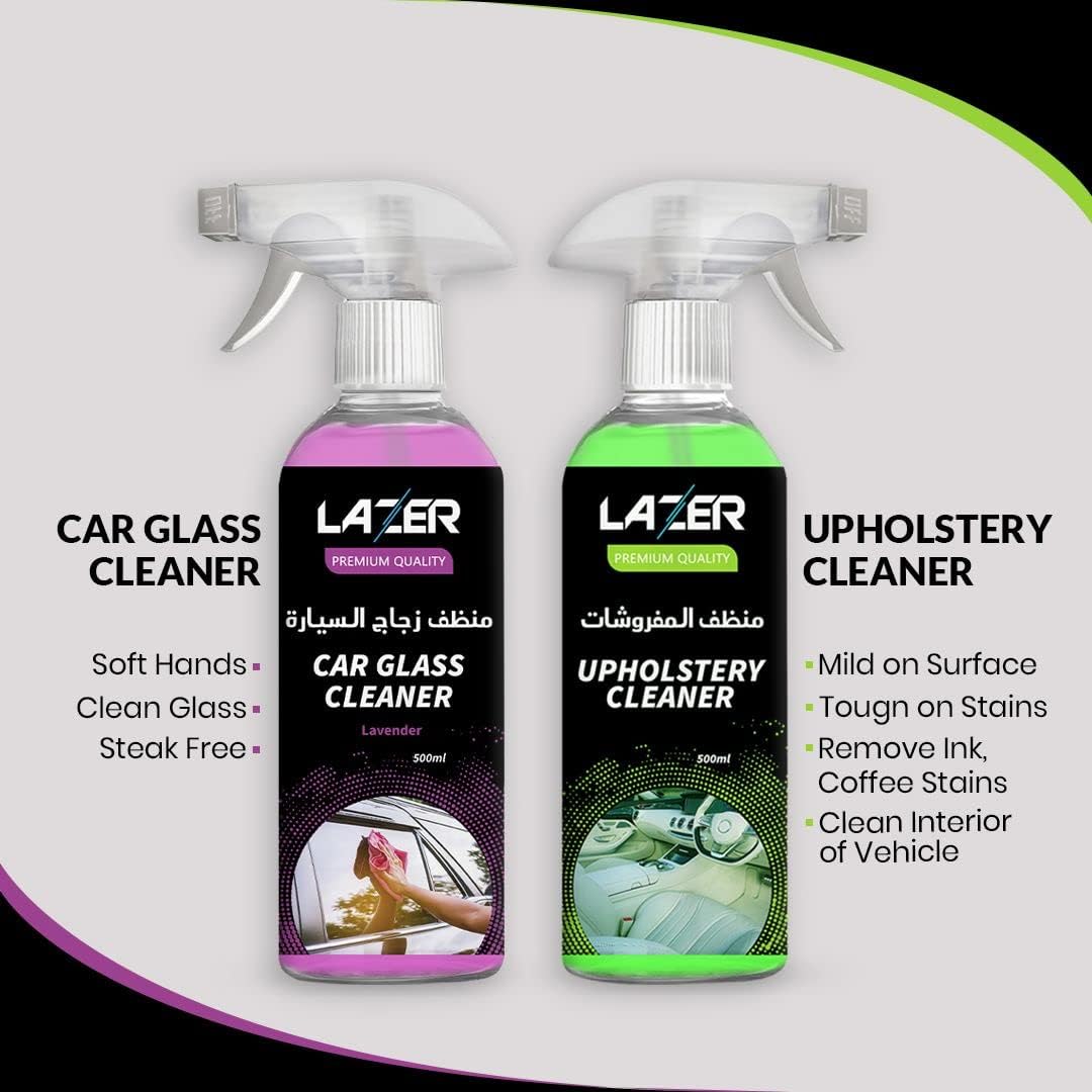 مجموعة LAZER للعناية بالسيارة تشمل غسيل السيارة بدون ماء، تنظيف المفروشات، تنظيف زجاج السيارة، منظف وملمّع للإطارات سعة 500 مل، وقطعتين من القماش التنظيفي من المايكروفايبر