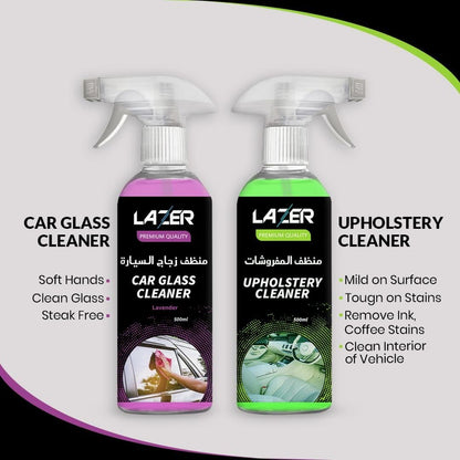 مجموعة LAZER للعناية بالسيارة تشمل غسيل السيارة بدون ماء، تنظيف المفروشات، تنظيف زجاج السيارة، منظف وملمّع للإطارات سعة 500 مل، وقطعتين من القماش التنظيفي من المايكروفايبر