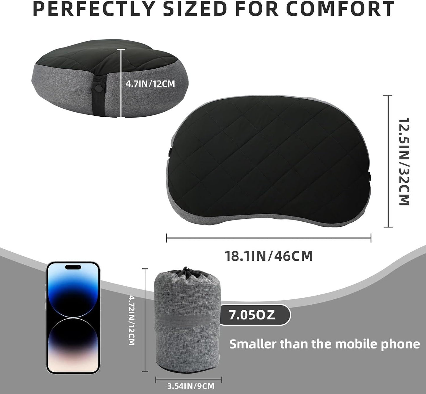 Ultralight Inflatable Camping Pillow with Removable Washable Cover – Compact, Portable Travel Neck Cushion with Adjustable Firmness for Hiking, Office, Airplane, Car & Beach Use (Black)