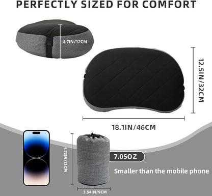 Ultralight Inflatable Camping Pillow with Removable Washable Cover – Compact, Portable Travel Neck Cushion with Adjustable Firmness for Hiking, Office, Airplane, Car & Beach Use (Black)