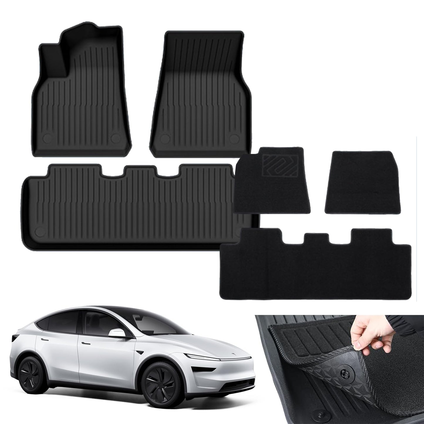 LIODUX 9PCS Floor Mats for Tesla Model Y 2025, Floor Mats with Felt Carpet, All Weather Protection 3D Material Cargo Liner Waterproof Floor Liner Model Accessories Custom (Model Y (2025), 9 PCS)
