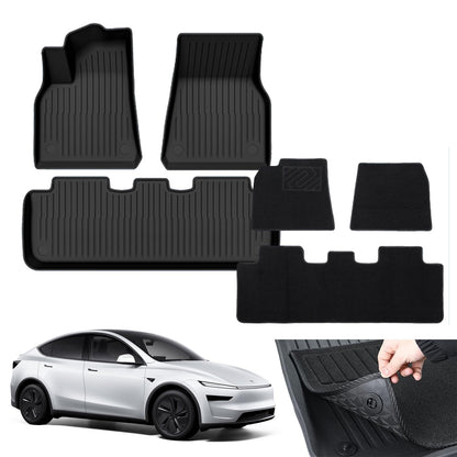 LIODUX 9PCS Floor Mats for Tesla Model Y 2025, Floor Mats with Felt Carpet, All Weather Protection 3D Material Cargo Liner Waterproof Floor Liner Model Accessories Custom (Model Y (2025), 9 PCS)