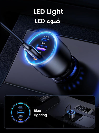 يوجرين شاحن سيارة 130W سريع الشحن لجهاز ماك بوك، شاحن سيارة 3 منافذ يو إس بي من Type C، شاحن سيارة فائق السرعة، متوافق مع ماك بوك إير/برو، سلسلة سامسونج إس 24/إس 23، سلسلة آيفون 16/15، إتش بي ديل