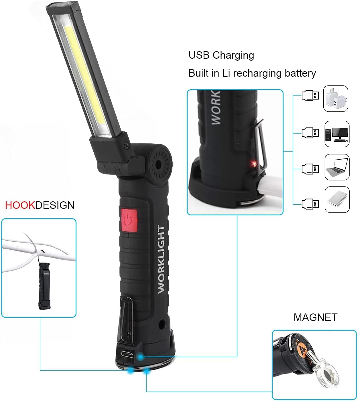 Rechargeable Work Lights, 2PCS LED Work Light, with Magnetic Base and 360¡ã Rotation Stand, 5 Modes COB Bright Flashlights Inspection Light for Car Repair, Home, Garage, Emergency, BBQ, Camping