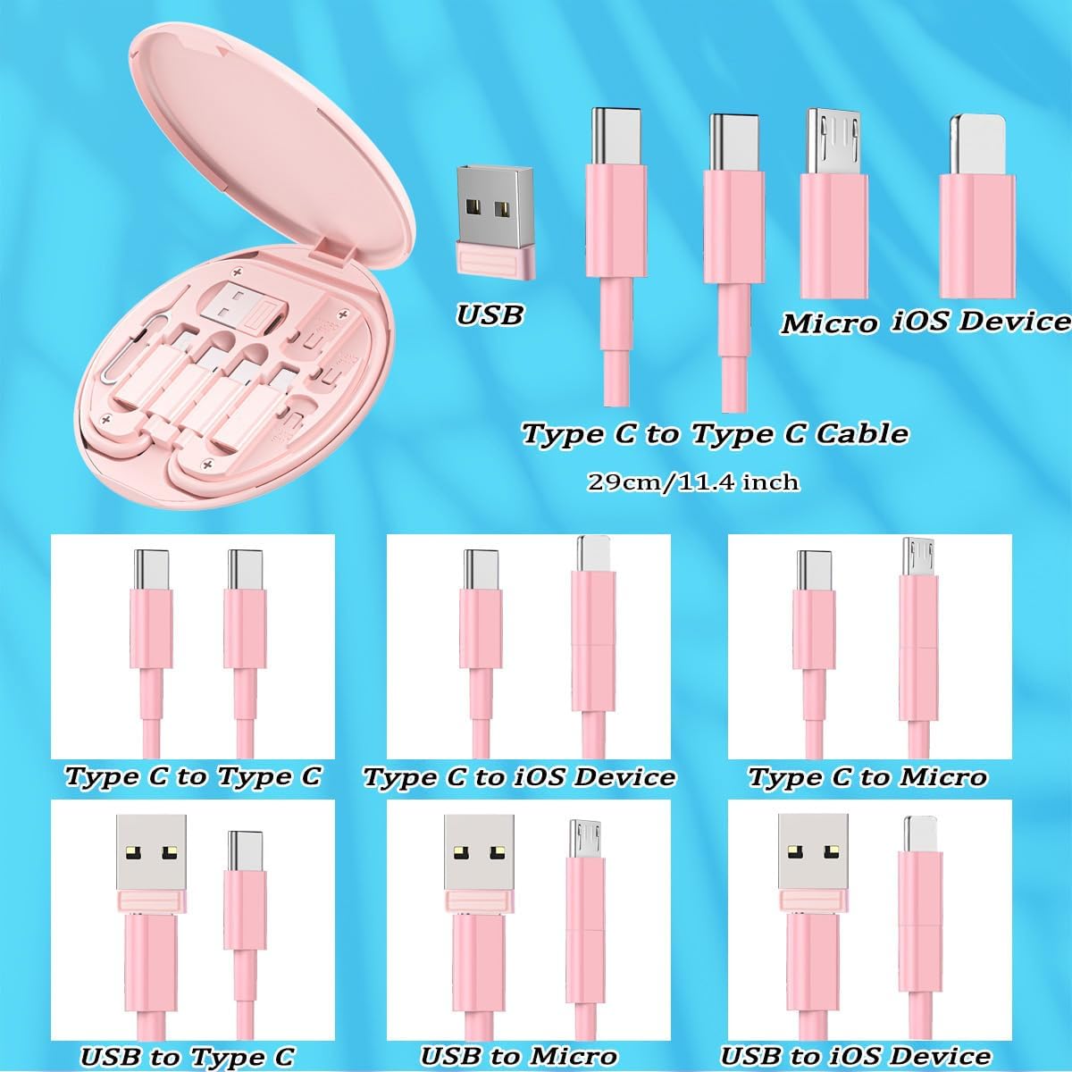 مجموعة كابل محول شحن USB متعدد، صندوق محول USB C إلى صندوق محول جهاز iOS، مجموعة تحويل USB A ونوع C إلى ذكر مايكرو/نوع C/جهاز iOS، نقل البيانات، تخزين البطاقات، دبوس إخراج صيني، حامل جوال (أزرق)
