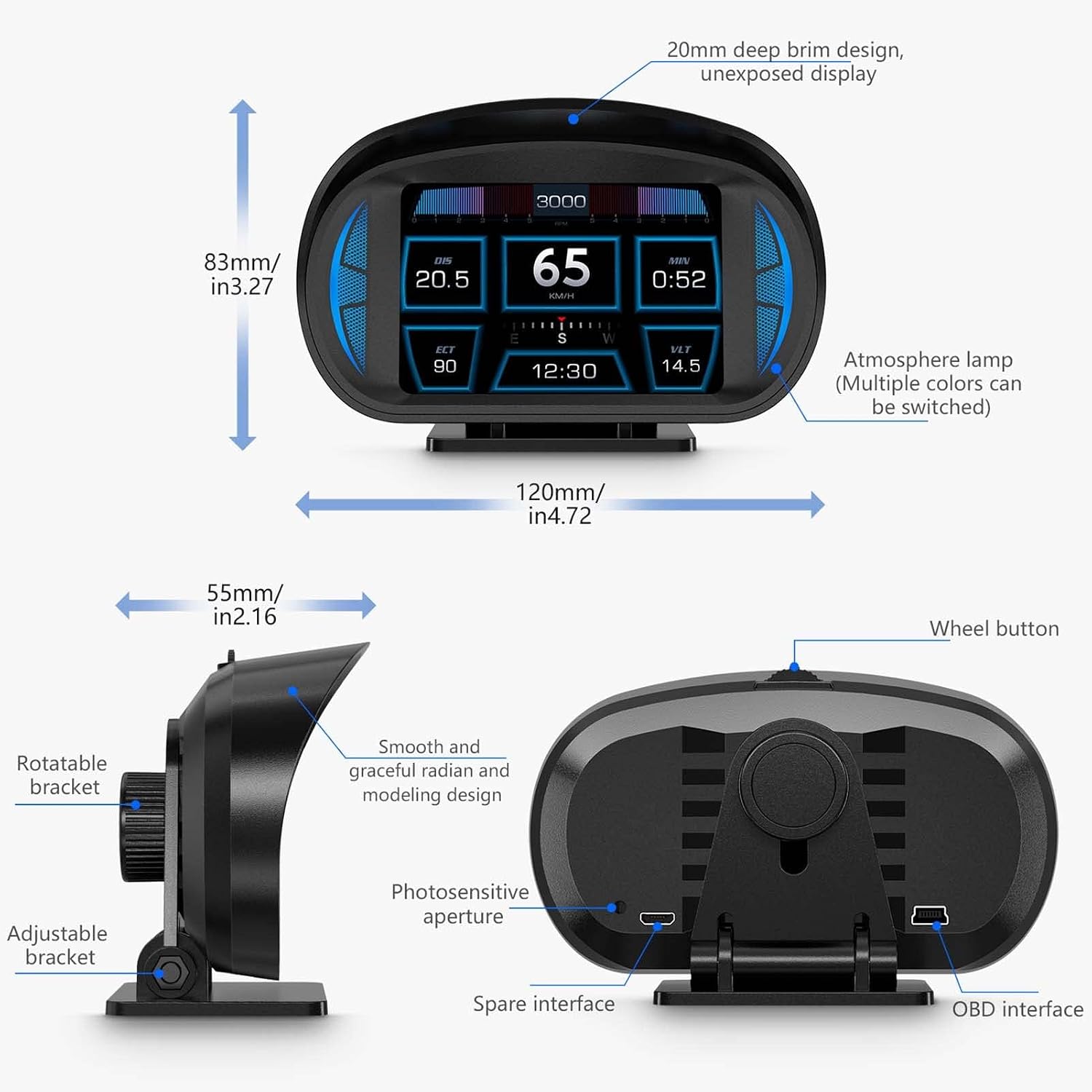 عداد سرعة رقمي OBD2 من تيرفي، شاشة عرض عالمية (اتش يو دي)، مع شاشة رقمية متعددة الوظائف وأعداد منبه متعددة، مع سرعة ومقياس سرعة الدوران واستكشاف الأخطاء وإصلاحها، لمعظم المركبات بعد عام 2008