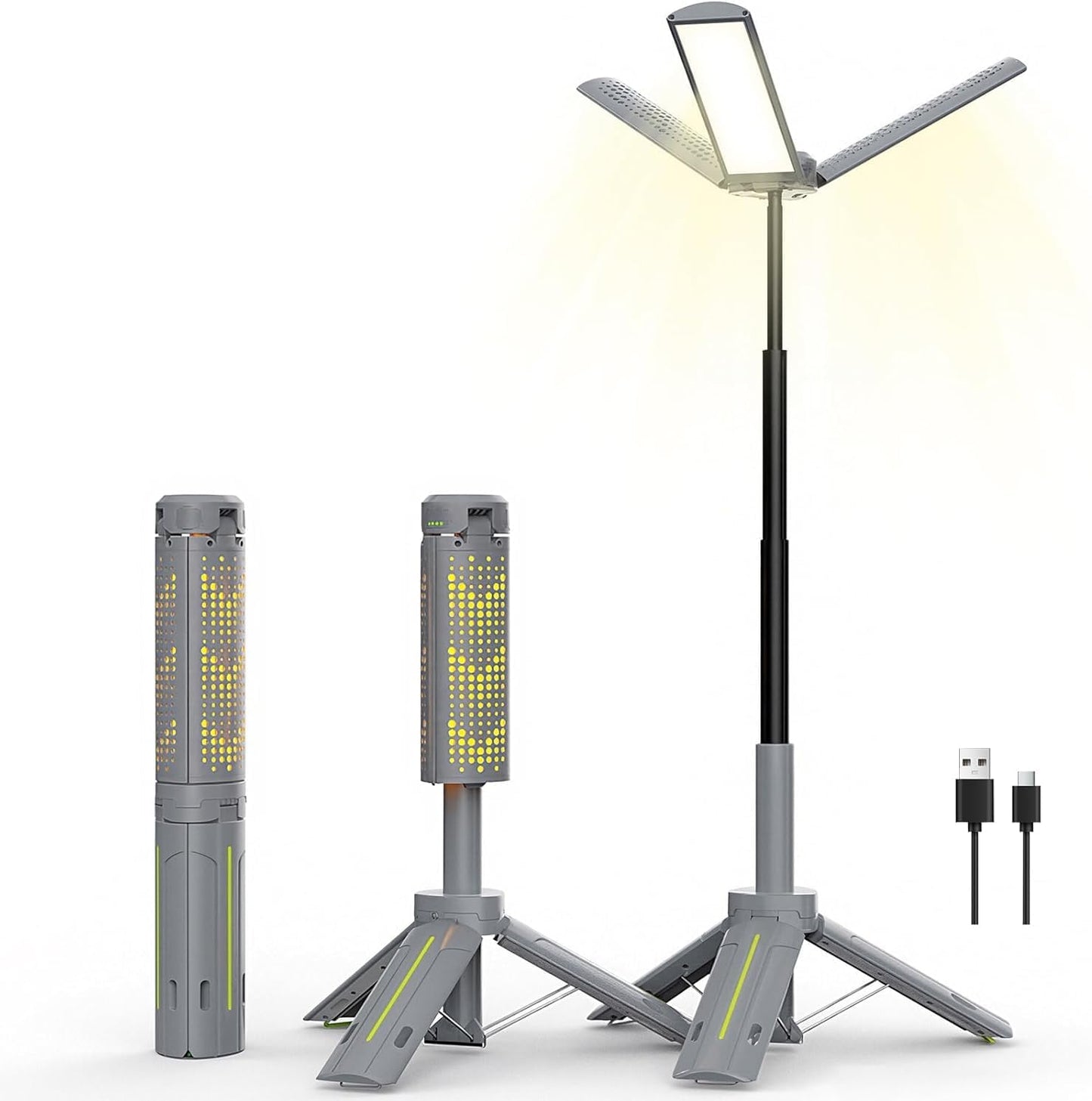 Telescopic Camping Lights Rechargeable 8000 mAh Led Multifunction Lanterns Job Site Lighting Cordless Dimmable Camping Tent Lamp Portable Power Supply 3000LM Waterproof (Cool Grey)