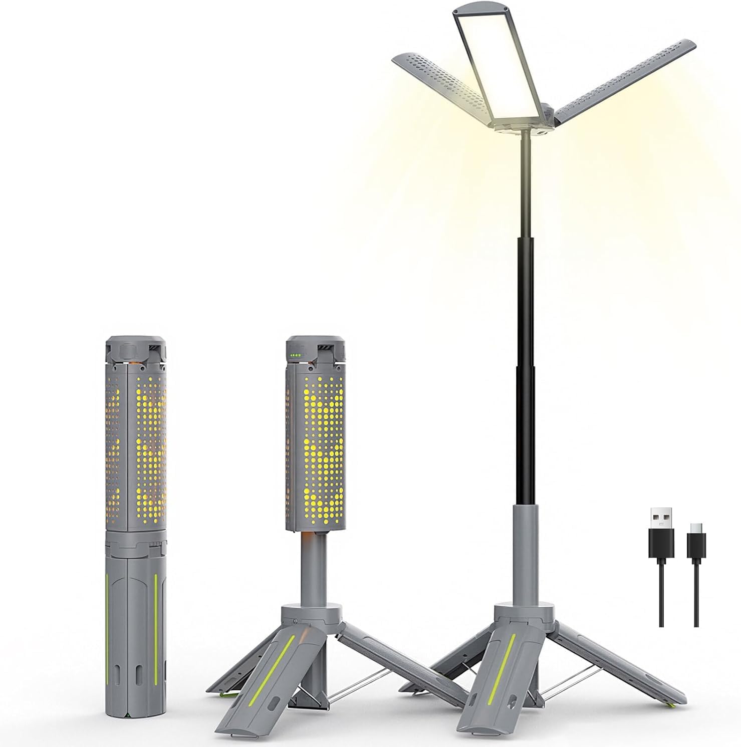 Telescopic Camping Lights Rechargeable 8000 mAh Led Multifunction Lanterns Job Site Lighting Cordless Dimmable Camping Tent Lamp Portable Power Supply 3000LM Waterproof (Cool Grey)