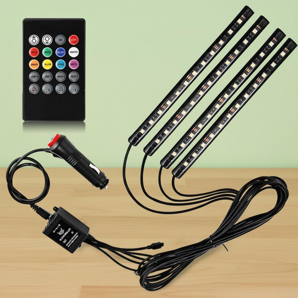 مصابيح LED داخلية للسيارة 12 فولت بفضاء لوني ار جي بي مع جهاز تحكم عن بعد من دونيكارت، مجموعة اضاءة متعددة الالوان تحت لوحة العدادات، ملحقات سيارة بمقاس عالمي - اسود