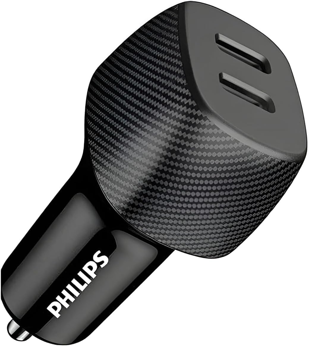 فيليبس شاحن سيارة بمنفذين USB-C بقدرة 60 واط، محول شحن سريع مع حماية ذكية، شحن متزامن للهواتف والتابلت، شاحن سيارة عالمي 20 فولت، DLP5522C، اسود