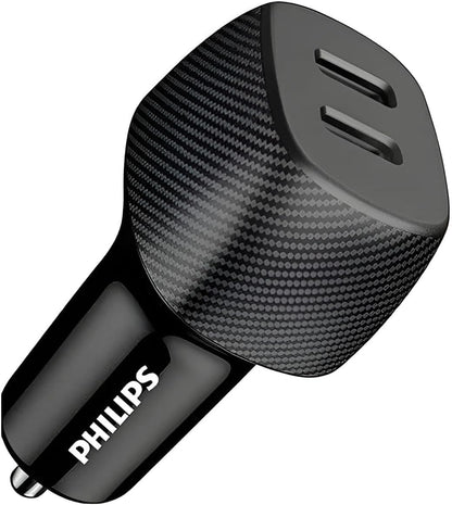 فيليبس شاحن سيارة بمنفذين USB-C بقدرة 60 واط، محول شحن سريع مع حماية ذكية، شحن متزامن للهواتف والتابلت، شاحن سيارة عالمي 20 فولت، DLP5522C، اسود