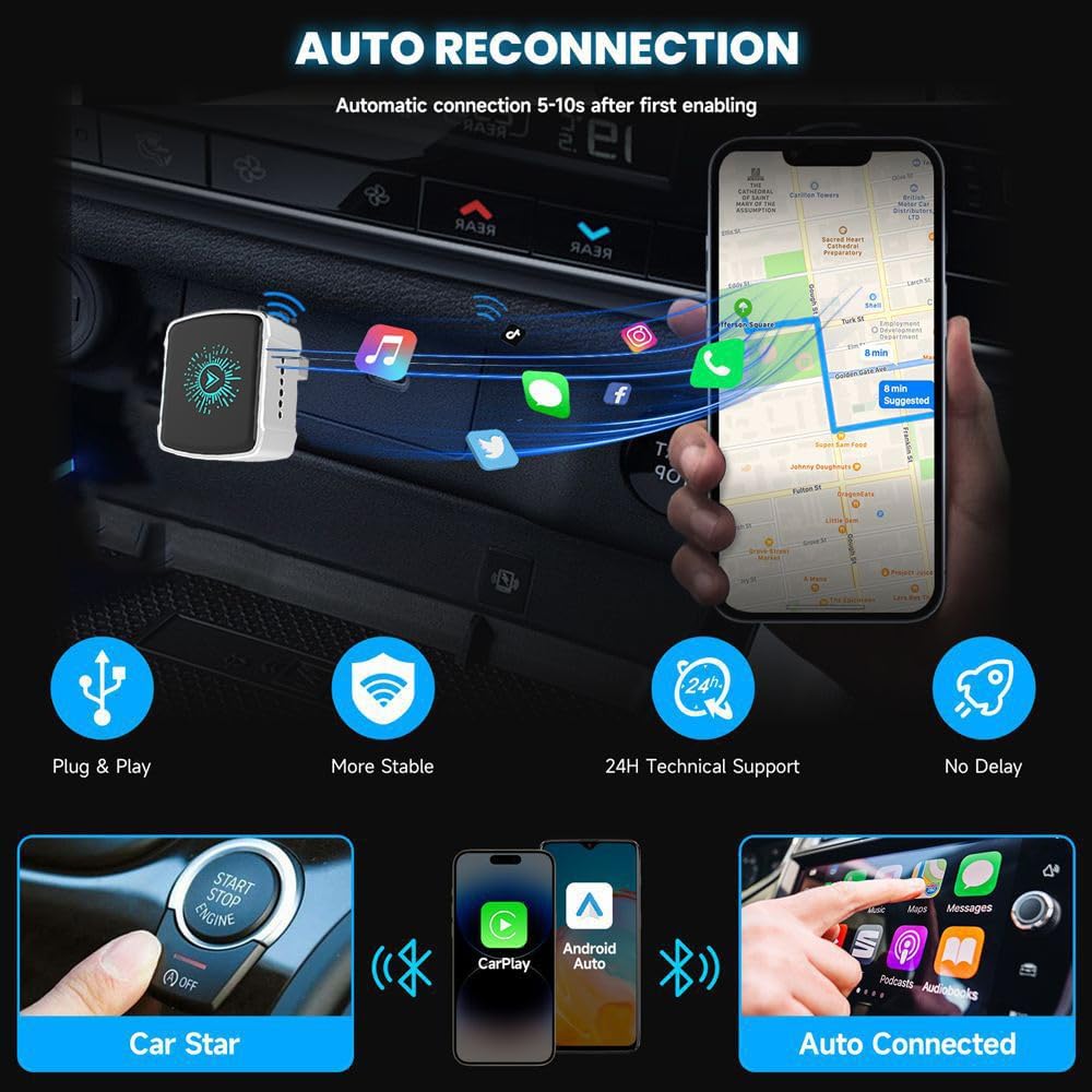 Wireless CarPlay Adapter & Android Auto (2-in-1) - Mini USB/USB-C Adapter Converts Wired to Wireless, Plug & Play, Stable Lag-Free for iPhone & Android (2025 Upgraded)
