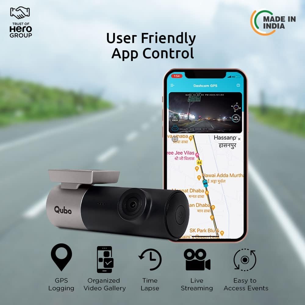Qubo Car Dash Camera Pro (with GPS) Dash Cam from Hero Group | Made in India Dashcam | Full HD 1080p | Wide Angle View | G-Sensor | WiFi | Emergency Recording | Upto 256GB SD Card Supported