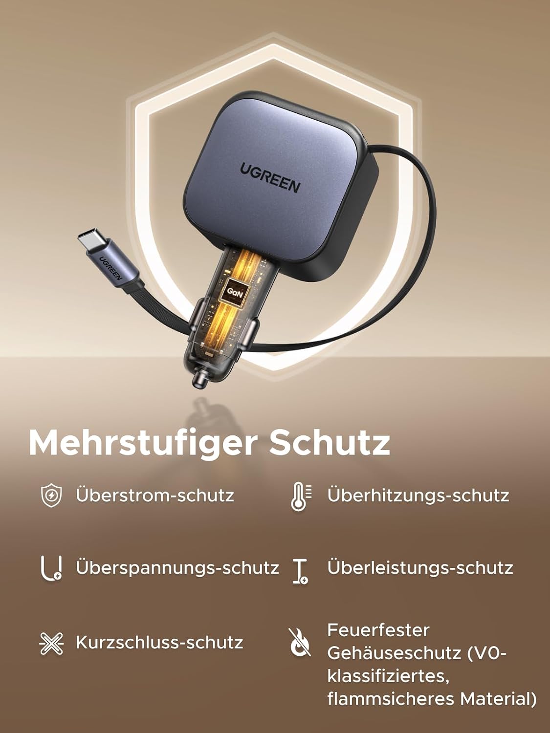 يوجرين شاحن سيارة قابل للسحب 60 وات مع كابل USB C مدمج 30 وات 75 سم، شاحن سيارة Type-C سريع الشحن 2C1A USB فائق السرعة، متوافق مع سلسلة iPhone 17، MacBook Pro/Air، Samsung S25 Ultra