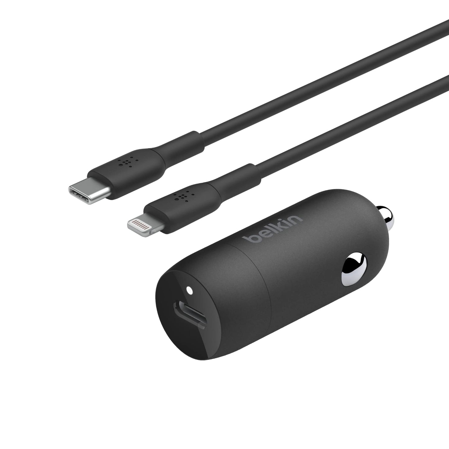 شاحن سيارة سريع Belkin BoostCharge 30W، تصميم صغير الحجم مع منفذ توصيل طاقة USB-C، شاحن سيارة USB متوافق عالميًا مع iPhone 16 و15 وSamsung Galaxy S23 وNote وPixel والمزيد - أسود