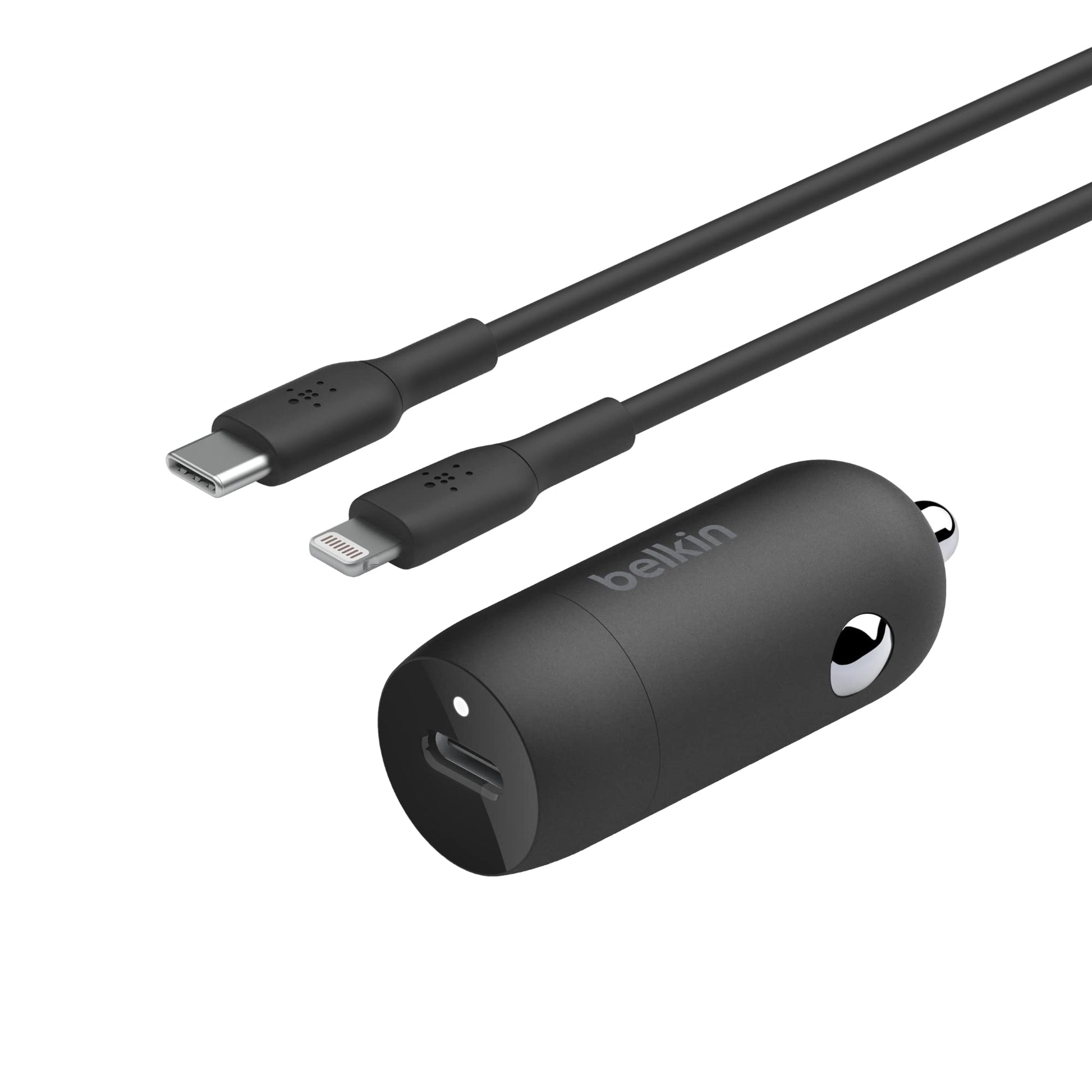 شاحن سيارة سريع Belkin BoostCharge 30W، تصميم صغير الحجم مع منفذ توصيل طاقة USB-C، شاحن سيارة USB متوافق عالميًا مع iPhone 16 و15 وSamsung Galaxy S23 وNote وPixel والمزيد - أسود