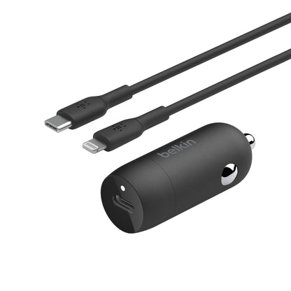 شاحن سيارة سريع Belkin BoostCharge 30W، تصميم صغير الحجم مع منفذ توصيل طاقة USB-C، شاحن سيارة USB متوافق عالميًا مع iPhone 16 و15 وSamsung Galaxy S23 وNote وPixel والمزيد - أسود