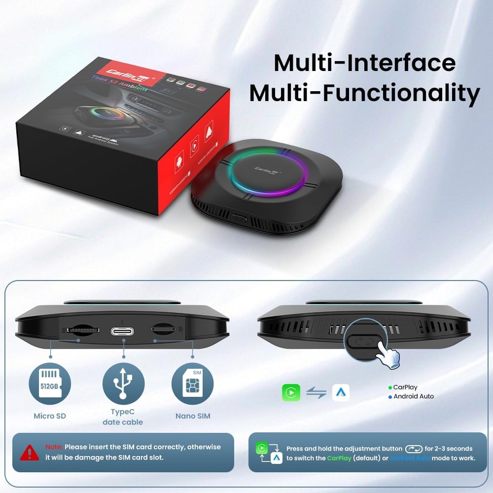 Carlinkit Tbox S2 LED، أندرويد 13، 8 جيجابايت + 128 جيجابايت، محول لاسلكي 3 في 1 مع CarPlay/Android Auto/Play Store/بث الفيديو/مركز الألعاب/نظام تحديد المواقع العالمي (GPS) المدمج