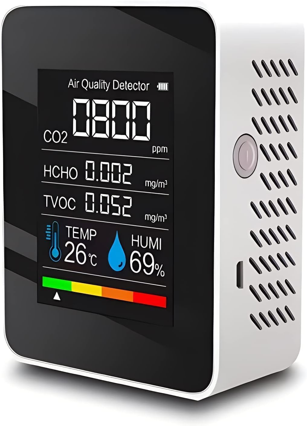 جهاز مراقبة جودة الهواء 5 في 1 من بي-كيو تيك، جهاز اختبار جودة الهواء الداخلي CO2/الرطوبة/HCHO/TVOC/درجة الحرارة، مراقب تلوث الهواء للمنزل، الغرف، خيام النمو، المكاتب، السيارات، المستشفيات