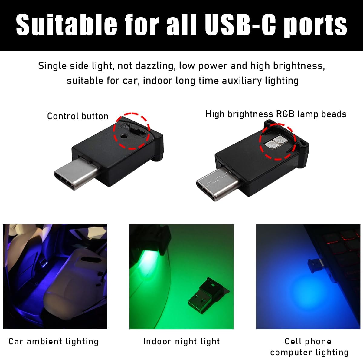 مصباح LED محيطي USB نوع C من بوفتي، مصباح LED صغير 8 الوان RGB، سطوع قابل للتعديل، مصباح جو داخلي للسيارات والمنزل واللابتوب واجزاء الاضاءة وملحقات السيارات
