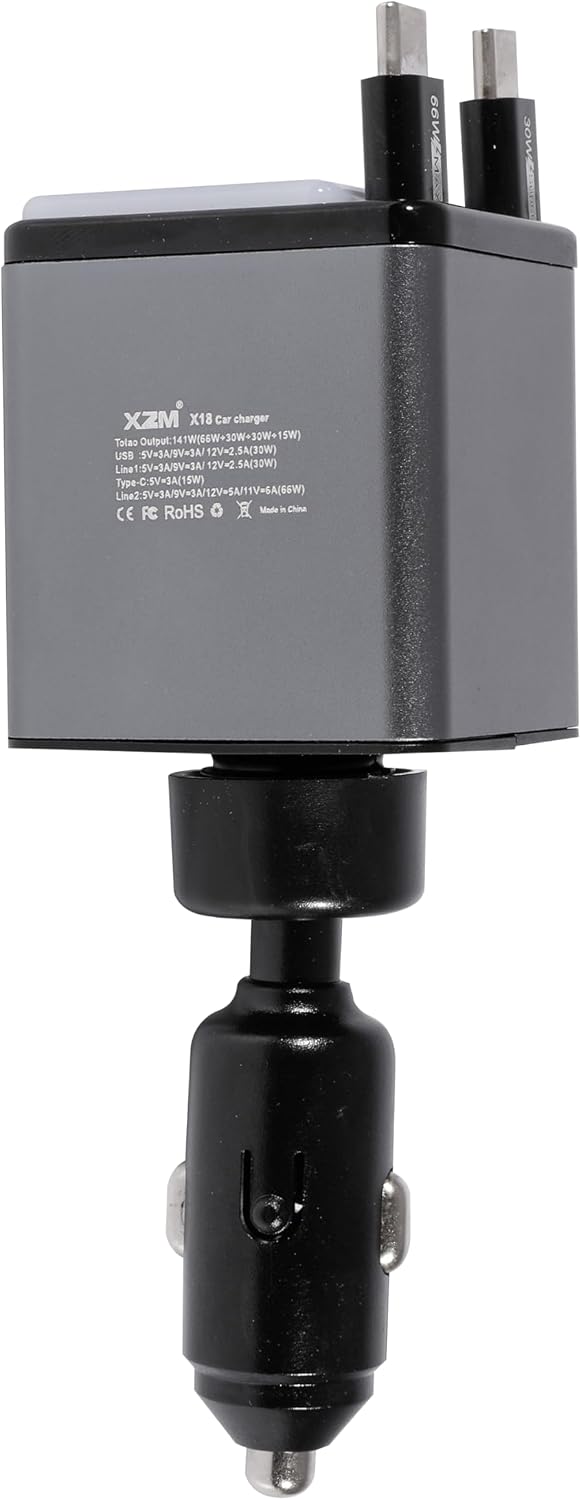 شاحن سيارة X18 قابل للسحب 4 في 1 مع اضاءة RGB من اكس زد ام، محول سيارة USB مزدوج نوع C بقدرة 141 واط، شاحن سيارة صغير الحجم لايفون، متوافق مع اساسيات الرحلات البرية 12 فولت - 24 فولت (كيبل مزدوج من النوع C)