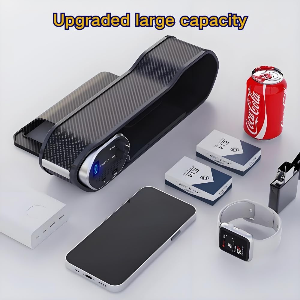 منظم 5 في 1 لملء الفراغات بين مقاعد السيارة مع شاحن لاسلكي ولاعة سجائر، كبلين للشحن، حبال شحن قابلة للسحب بمنفذ USB من نوع C لأجهزة iOS، صندوق تخزين بشحن سريع وحامل أكواب