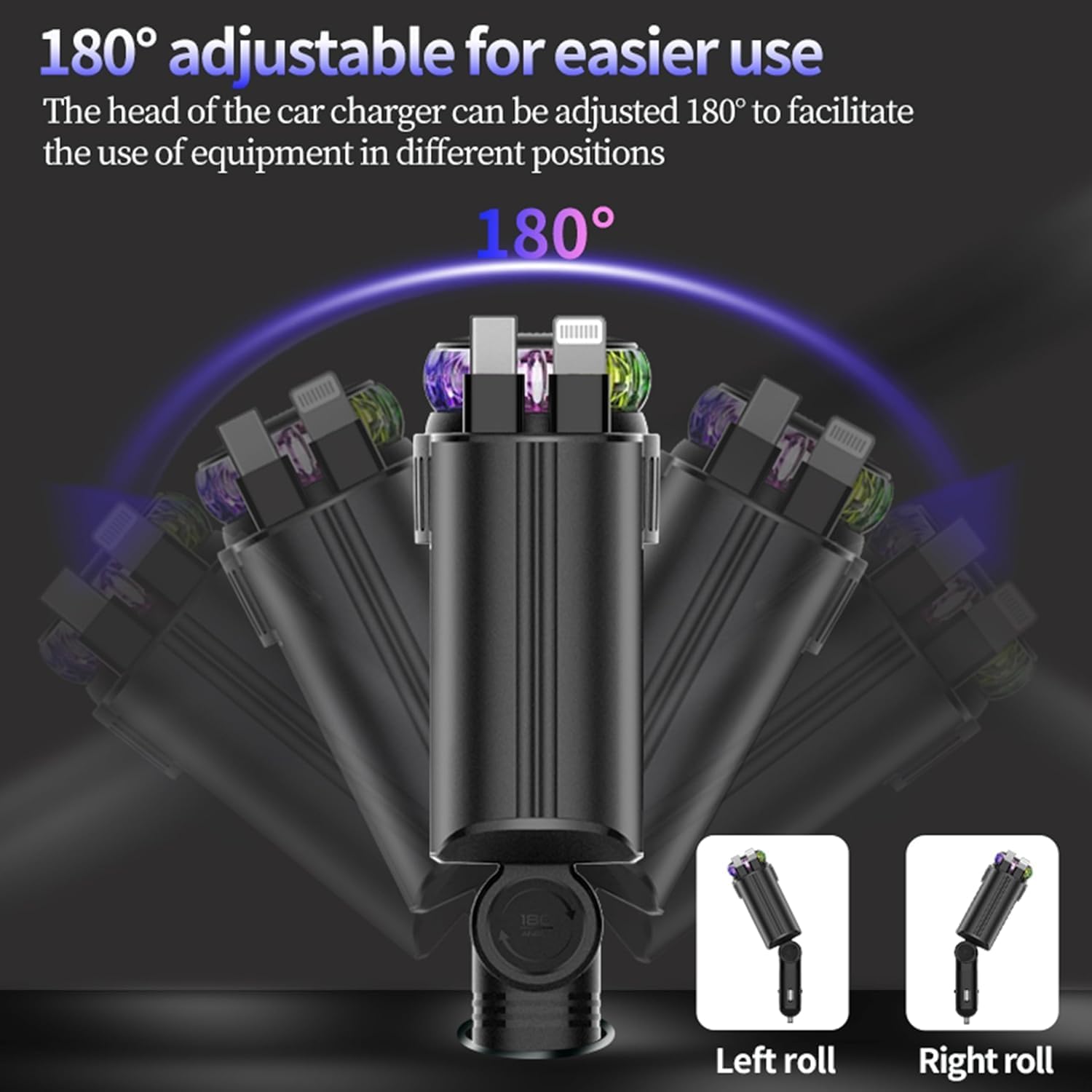 شاحن سيارة 5 في 1 برأس قابل للتعديل 180 درجة، كيبل شحن سريع قابل للسحب 80 سم USB-C وiOS، منفذ مزدوج 45 واط، معطر هواء مع ضوء LED على شكل نجمة، كيبل نوع C، شاحن سيارة سريع الشحن