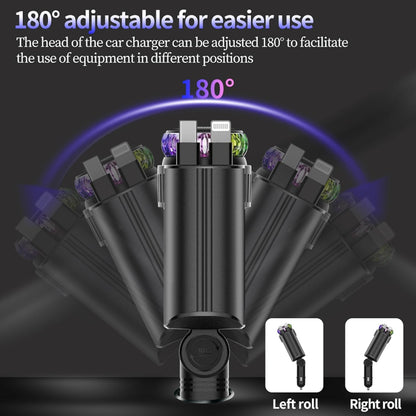 شاحن سيارة 5 في 1 برأس قابل للتعديل 180 درجة، كيبل شحن سريع قابل للسحب 80 سم USB-C وiOS، منفذ مزدوج 45 واط، معطر هواء مع ضوء LED على شكل نجمة، كيبل نوع C، شاحن سيارة سريع الشحن