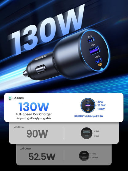 يوجرين شاحن سيارة 130W سريع الشحن لجهاز ماك بوك، شاحن سيارة 3 منافذ يو إس بي من Type C، شاحن سيارة فائق السرعة، متوافق مع ماك بوك إير/برو، سلسلة سامسونج إس 24/إس 23، سلسلة آيفون 16/15، إتش بي ديل