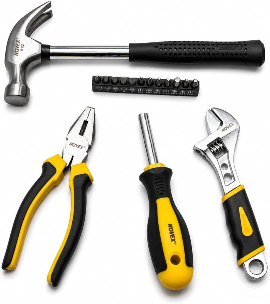 Professional Home Repair Tool Kit – 16 Piece Household Maintenance Set with Hammer, Adjustable Wrench, Combination Plier, Universal Screwdriver Bits & Portable Storage Case for DIY, Home, Office & Car