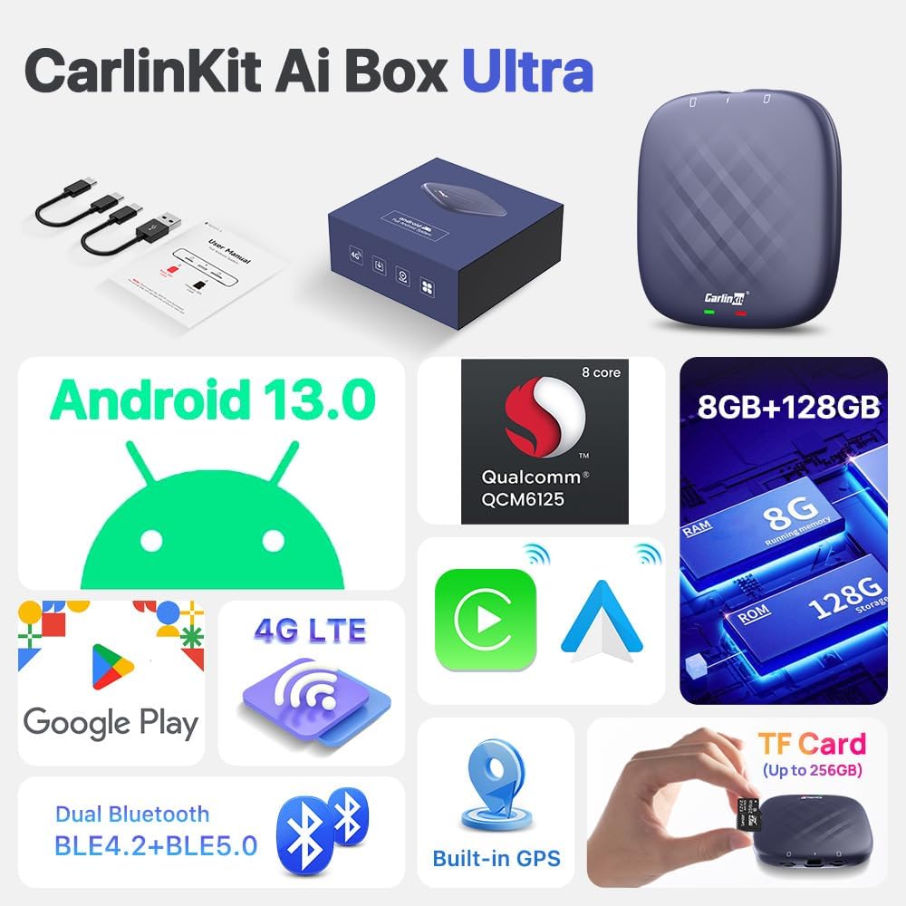 CarlinKit Android 13.0 CarPlay Ai Box Ultra, 8GB+128GB, Snapdragon QCM 6125, 33% Performance Increase, Support Wireless CarPlay/Android Auto, Google Play Store, Netflix, YouTube