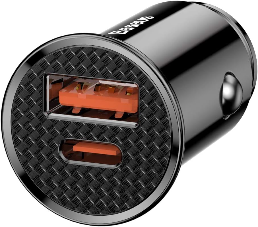 باسيوس شاحن سيارة ذكي سريع 30 واط بمنفذين USB وUSB-C يدعم QC4.0 PD3.0 SCP AFC VOOC، شاحن سيارة صغير 12 فولت - 24 فولت مع ضوء LED وحماية امان متعددة الطبقات لموبايل ايفون