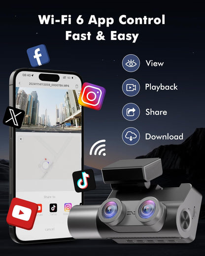 4K 3 Channel Dash Cam Front and Rear Inside for Uber Taxi, Dual Front Lens, Interior Night Vision, WiFi 6 GPS, 24H Parking Mode, 64GB Card, Heat Resistant Dashcam for Cars (V1)