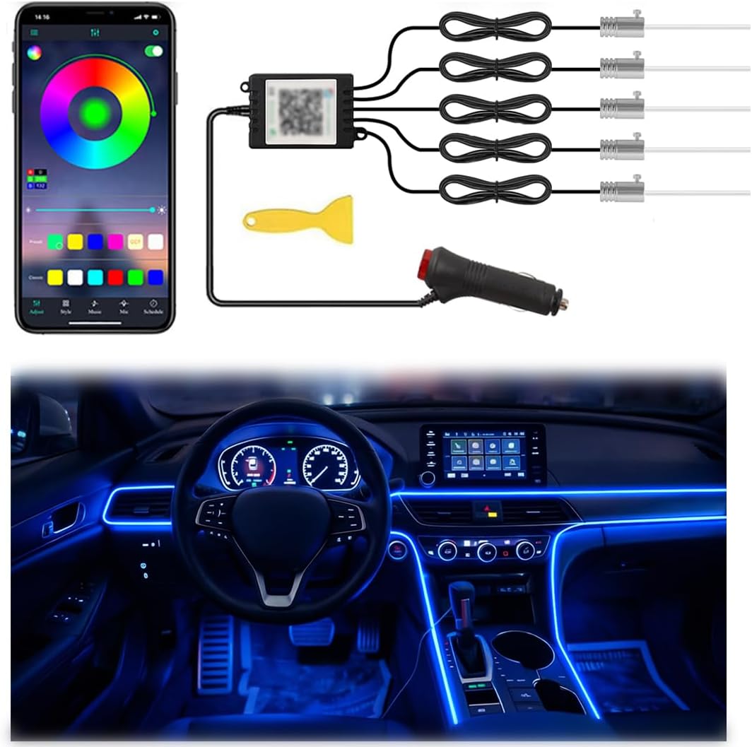 شريط اضاءة LED داخلي للسيارة بتحكم عن طريق التطبيق، 5 في 1 RGB 16 مليون لون، مجموعة اضاءة محيطة مع الياف بصرية 275 انش، وضع الموسيقى لتزيين اضاءة السيارة الداخلية