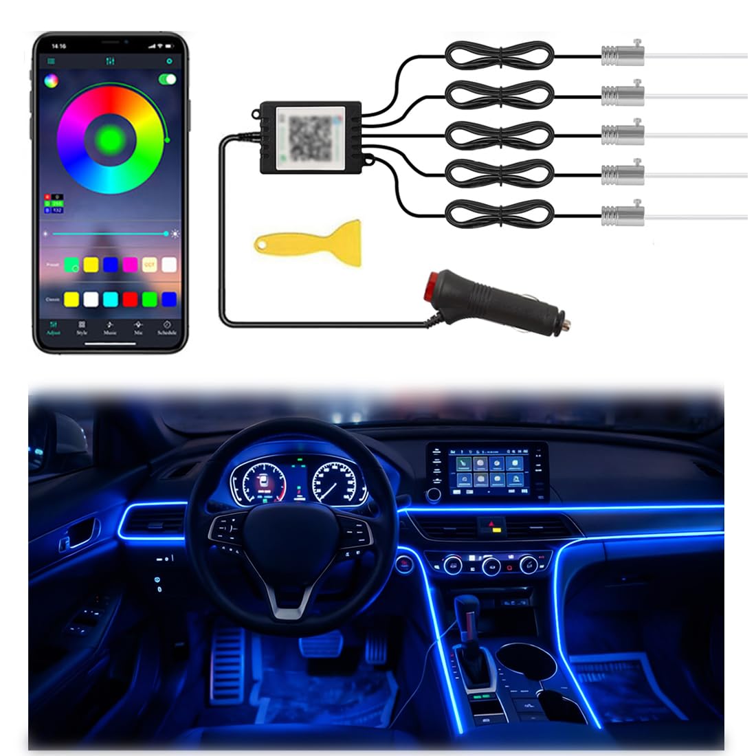 QVEVDACAR Car LED Strip Lights, LEDCARE Multicolor Interior Car Lights,16 Million Colors 5 in 1 Ambient Lighting Kit with 236 inches Fiber Optic, Function and Wireless APP Control (5 in 1 APP)